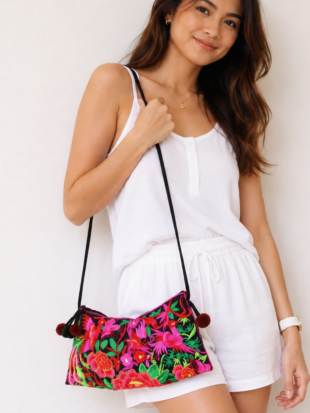 Embroidered Floral Crossbody Bag in Black and Hot Pink 13 x 7